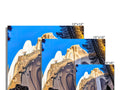 Three images in different backgrounds on a large wall with blue mountains.
