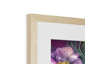A picture frame sitting on a wall filled with wood and flowers.