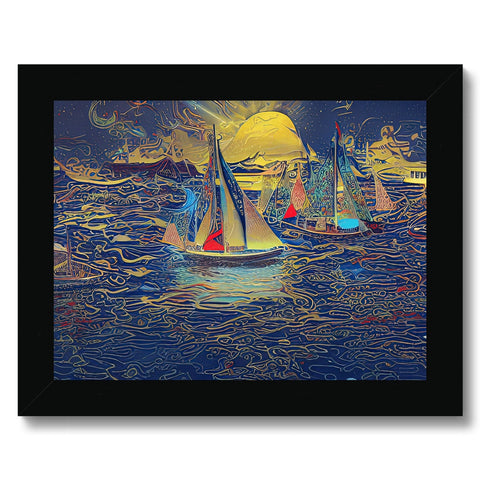 An ocean backdrop filled with small sailing boats on blue and yellow mires.