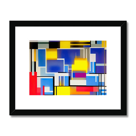 Art print of geometric artwork sitting on a frame in a room.