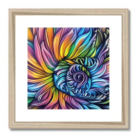 A colorful art print in a wooden frame on top of a wall.