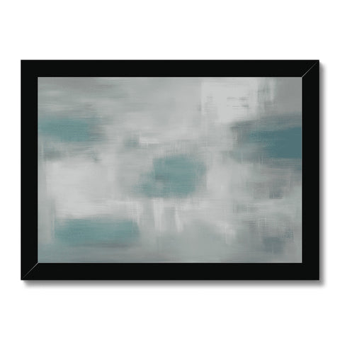 A blue and white painting of the ocean in the cloudy sky inside a frame with fog