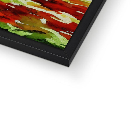 A framed picture of an abstract painting on an easel attached to a wooden frame.