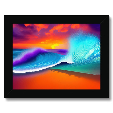 A colorful sunset with turquoise ocean waves in a picture frame.