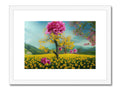 Art print depicting a blossom tree next to a tree with roses next to it.