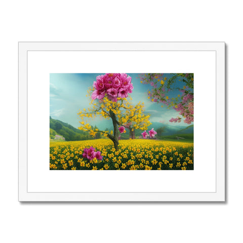 Art print depicting a blossom tree next to a tree with roses next to it.
