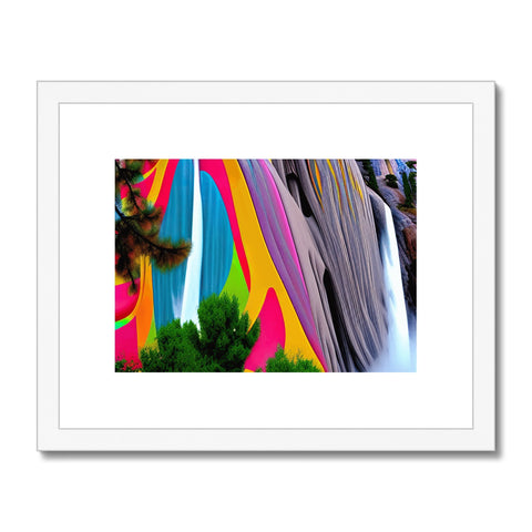An art print laying on a white pillow covered with many colors and small hanging artwork.