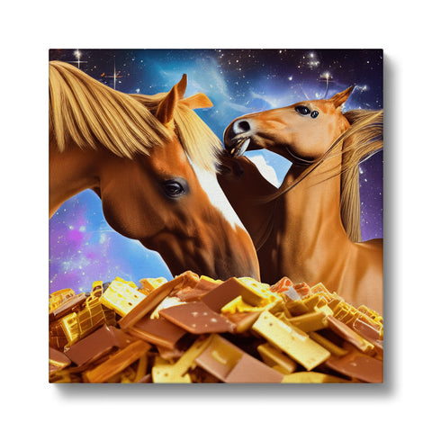 Two brown horses are sitting next to each other on a blanket.