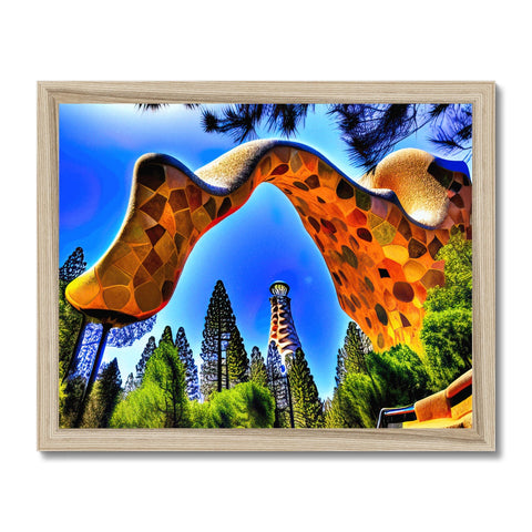 A very colourful frame featuring a giraffe standing in a wood colored forest next to some