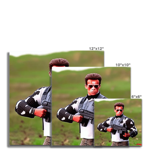 A 3D photo of a man holding a gun with two toys in his hands.
