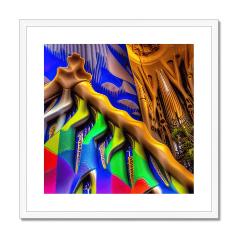 An art print with colorful geometric designs of trees next to waterfalls.