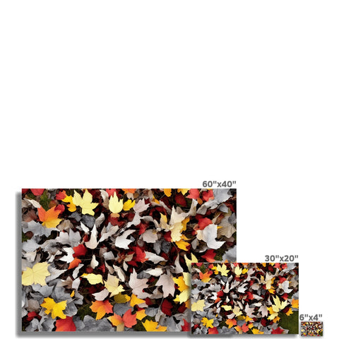 A blanket set of colorful fall leaves on a tile floor covered in white blankets.