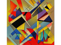 A large painted print with a colorful arrangement of planes and many geometric shapes.