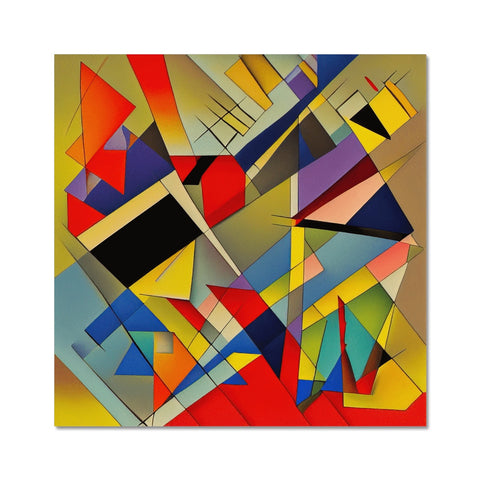 A large painted print with a colorful arrangement of planes and many geometric shapes.