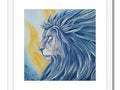 An art print of a lion sitting on a fireplace mantle on a table.