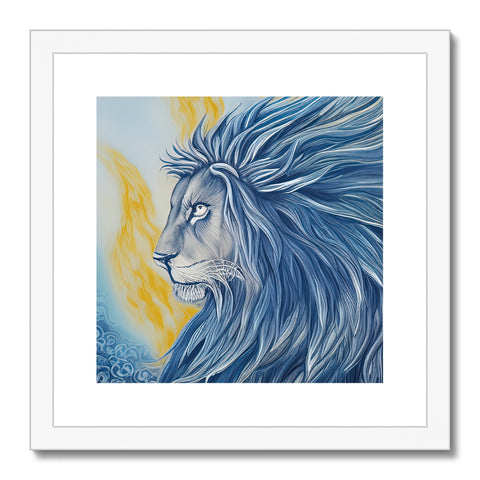 An art print of a lion sitting on a fireplace mantle on a table.