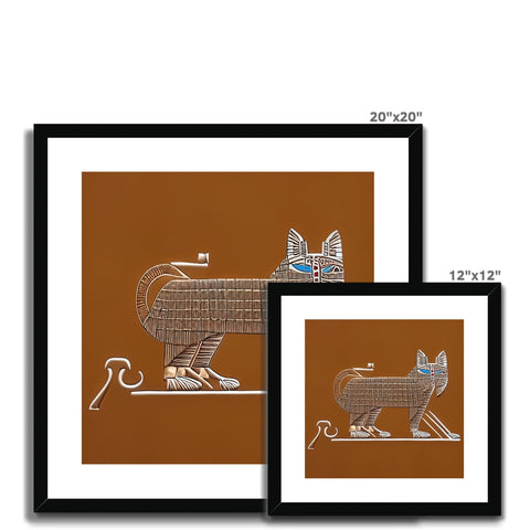 A large brown cat is in a wooden frame hanging from a wall in a picture frame