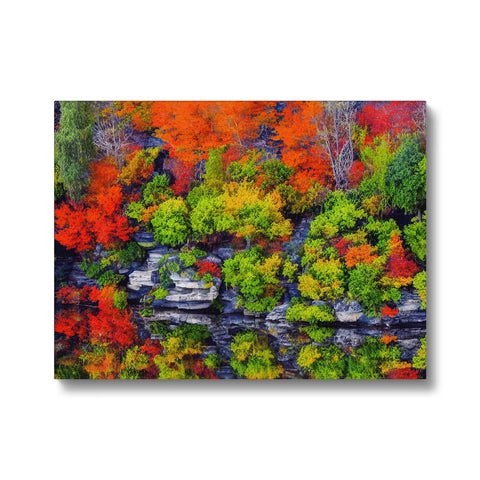 An ornate art print that depicts colorful foliage on a rock.