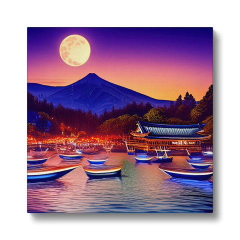 Art print of Japanese flag on a rock side of the lake next to a river and