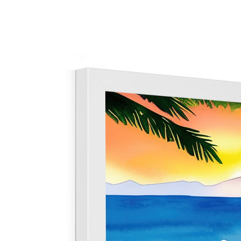 A picture of a picture frame with a painting of a tropical sunset and palm trees and