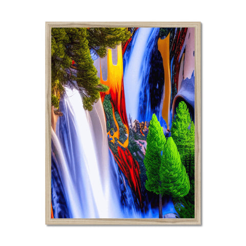 A picture framed in colorful wooden prints of waterfall with rocks in the background.
