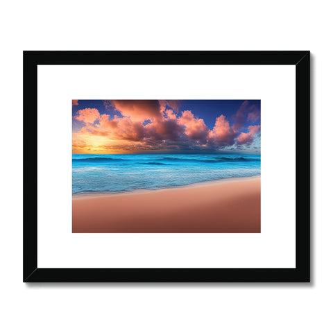 A photo framed on a framed frame with a beach with colorful sky and sun.
