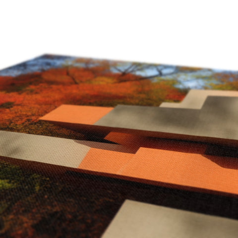 Two green and orange squares close up on a table surrounded by a picture of trees.