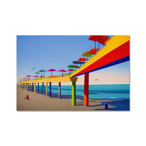 An easement with a colorful print umbrella standing next to a pier.