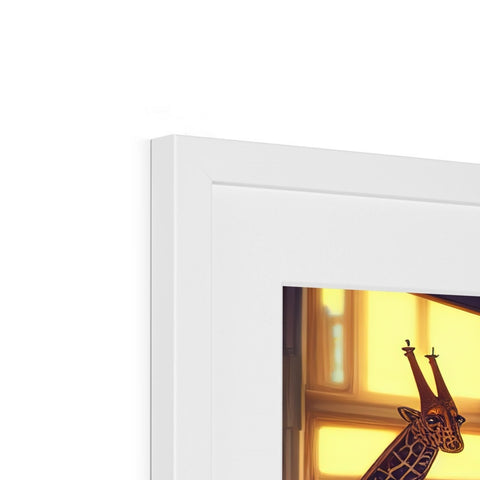 A giraffe sitting in the top of a picture frame on a white background.