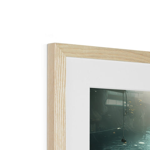 A framed photo of an ocean view sitting on a wooden frame next to a pile of