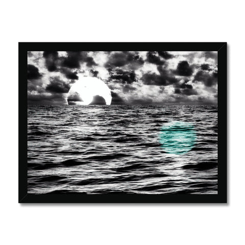 Art print showing ocean with water flowing out below a grey and white shoreline.