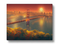 The golden gate is in the center of red, orange and white sky.