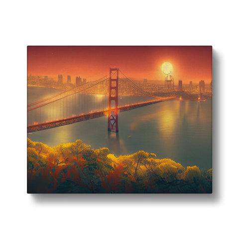The golden gate is in the center of red, orange and white sky.