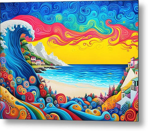 Fantasy Colorful Swirl Waves Beach Painting - Metal Print