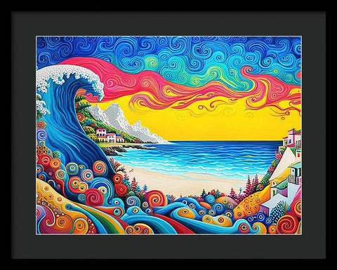 Fantasy Colorful Swirl Waves Beach Painting - Framed Print