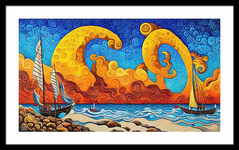 Fantasy Surrealist Colorful Beach Painting with Ships - Framed Print