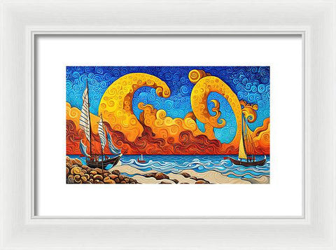 Fantasy Surrealist Colorful Beach Painting with Ships - Framed Print