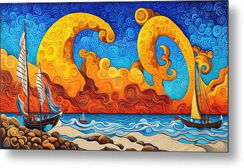 Fantasy Surrealist Colorful Beach Painting with Ships - Metal Print