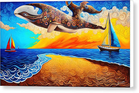 Fantasy Surrealist Vibrant Beach Painting with Giant Whale and Sailboats - Canvas Print