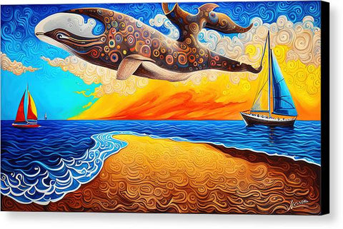 Fantasy Surrealist Vibrant Beach Painting with Giant Whale and Sailboats - Canvas Print