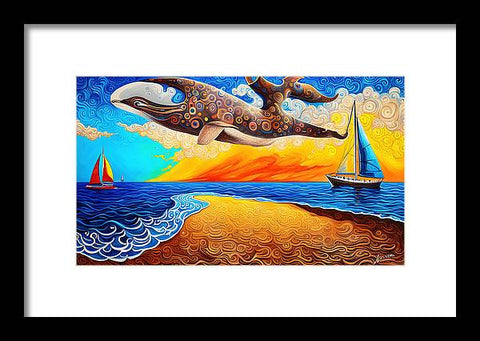 Fantasy Surrealist Vibrant Beach Painting with Giant Whale and Sailboats - Framed Print