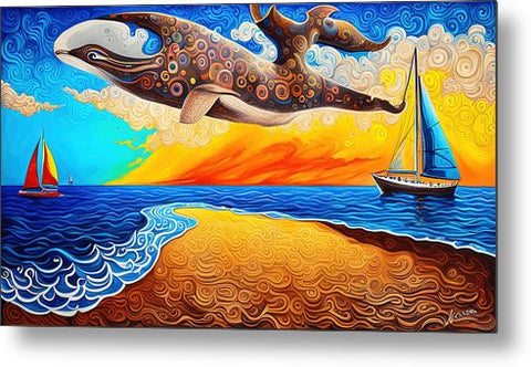 Fantasy Surrealist Vibrant Beach Painting with Giant Whale and Sailboats - Metal Print