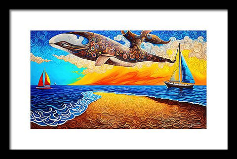 Fantasy Surrealist Vibrant Beach Painting with Giant Whale and Sailboats - Framed Print
