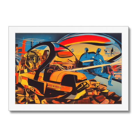 an art print of people riding on a motorcycle and riding skis in a racetr
