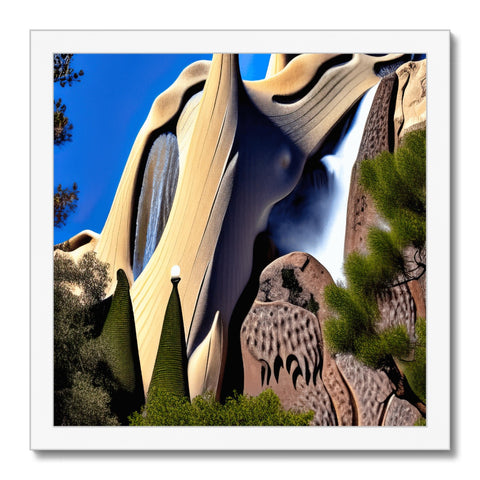 An art print of an outcropping of rocks is looking into a waterfall.