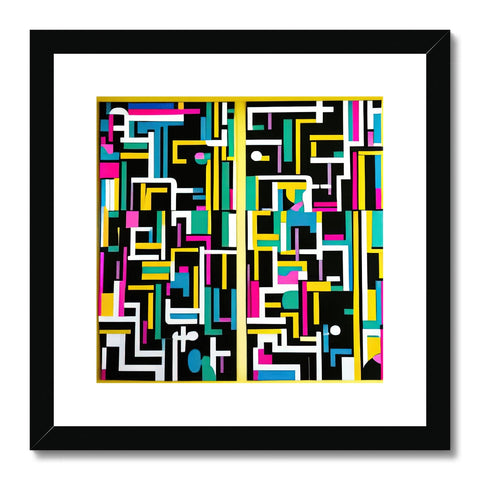 A framed art print with various shapes and colors on a white wall.