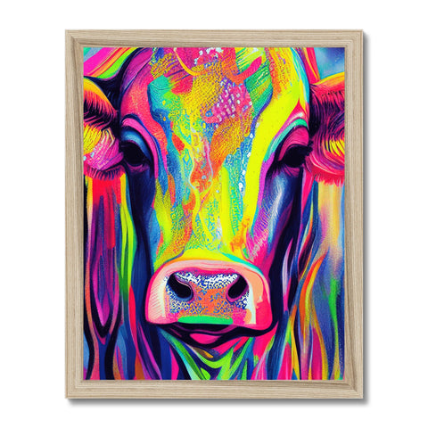 A bull standing next to an art print on a wall.