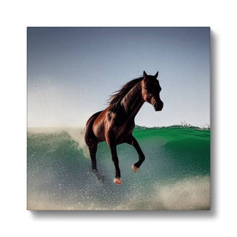 A horse is galloping through a field in the grass next to the surf water.