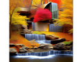 A white paper border painting of fall leaves above a waterfall.