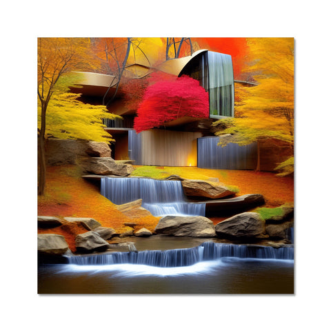 A white paper border painting of fall leaves above a waterfall.